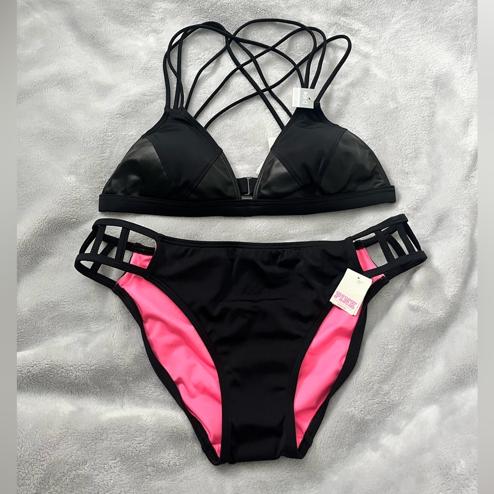 VS Strappy Cutout Bikini SET A B C Cup Padded Top M Bottoms Black